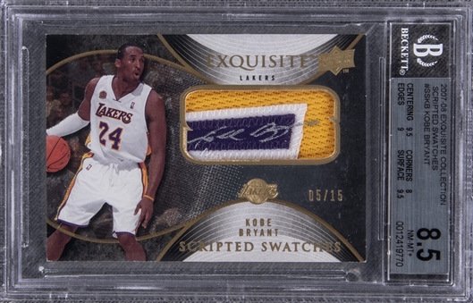 2007-08 UD "Exquisite Collection" Scripted Swatches #SSKB Kobe Bryant Signed Game Used Patch Card (#05/15) – BGS NM-MT+ 8.5/BGS 10